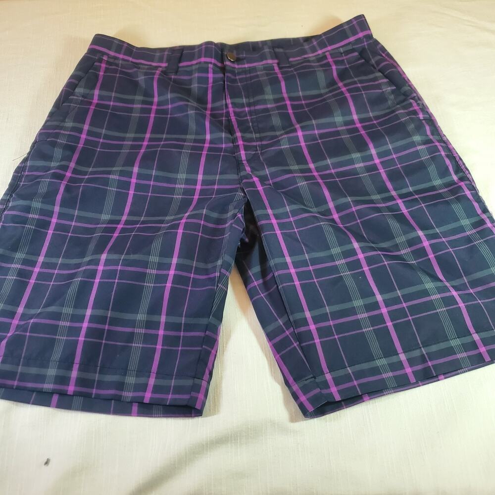 Callaway Mens Golf Shorts Size 34 Navy Blue Purple Plaid Flat Front Flat Front